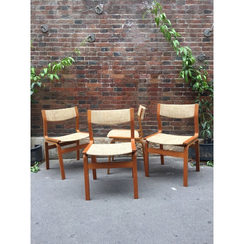 Set of 4 chairs in teak and in beige wool - 1960s