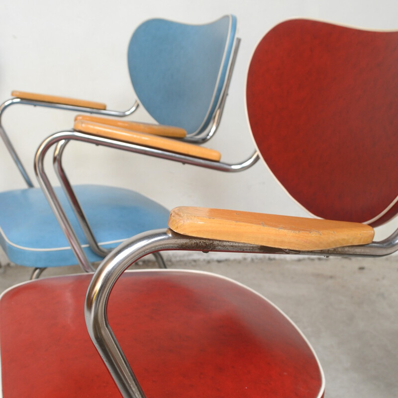 Set of 3 red and blue chairs - 1950s