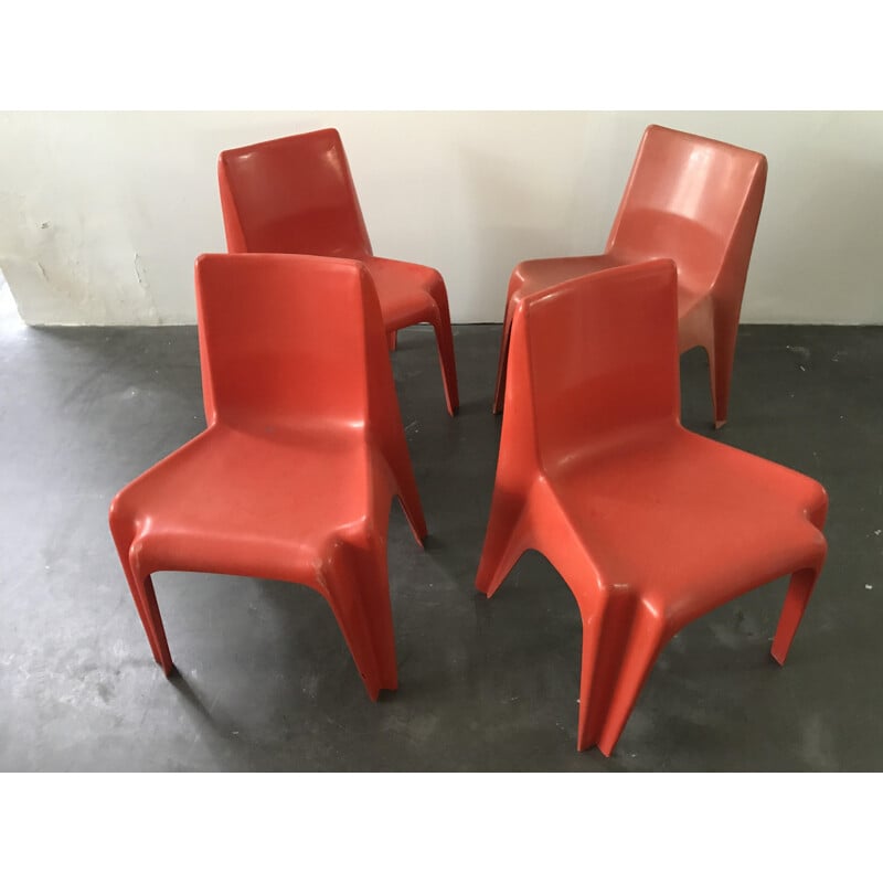 Set of 4 red one-piece chairs by Batzner - 1960s