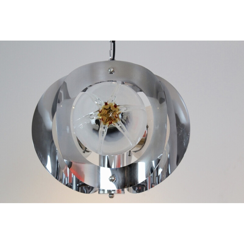 Geometric chrome-plated and frosted glass pendant lamp by A.V. Mazzega - 1970s