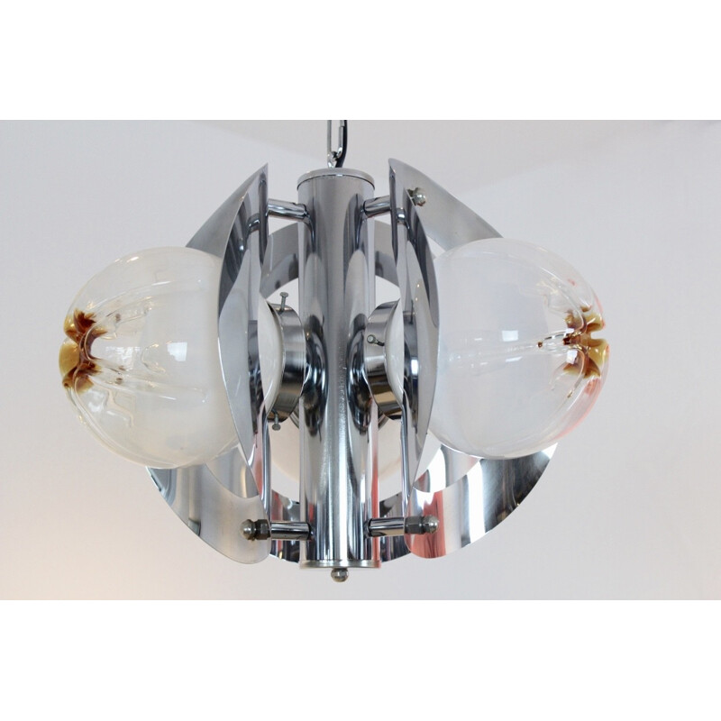 Geometric chrome-plated and frosted glass pendant lamp by A.V. Mazzega - 1970s