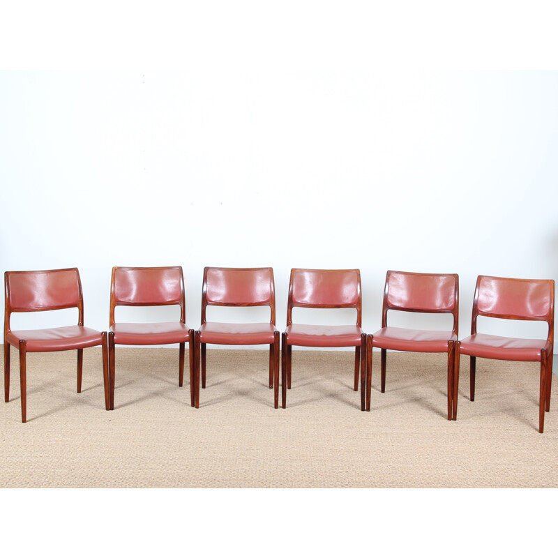 Set of 6 Rio rosewood chairs 80 model de Niels Møller - 1960s