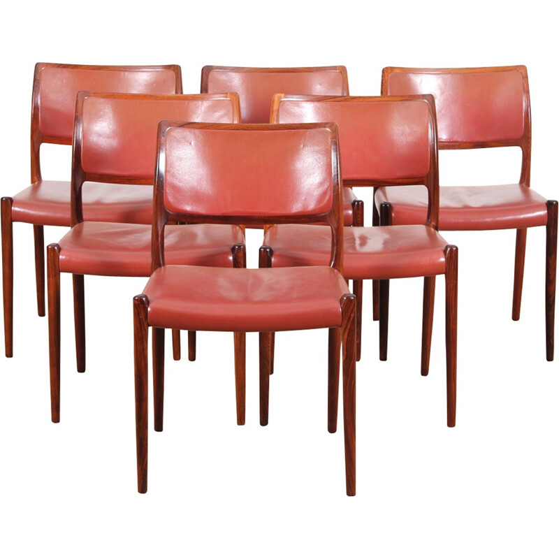 Set of 6 Rio rosewood chairs 80 model de Niels Møller - 1960s