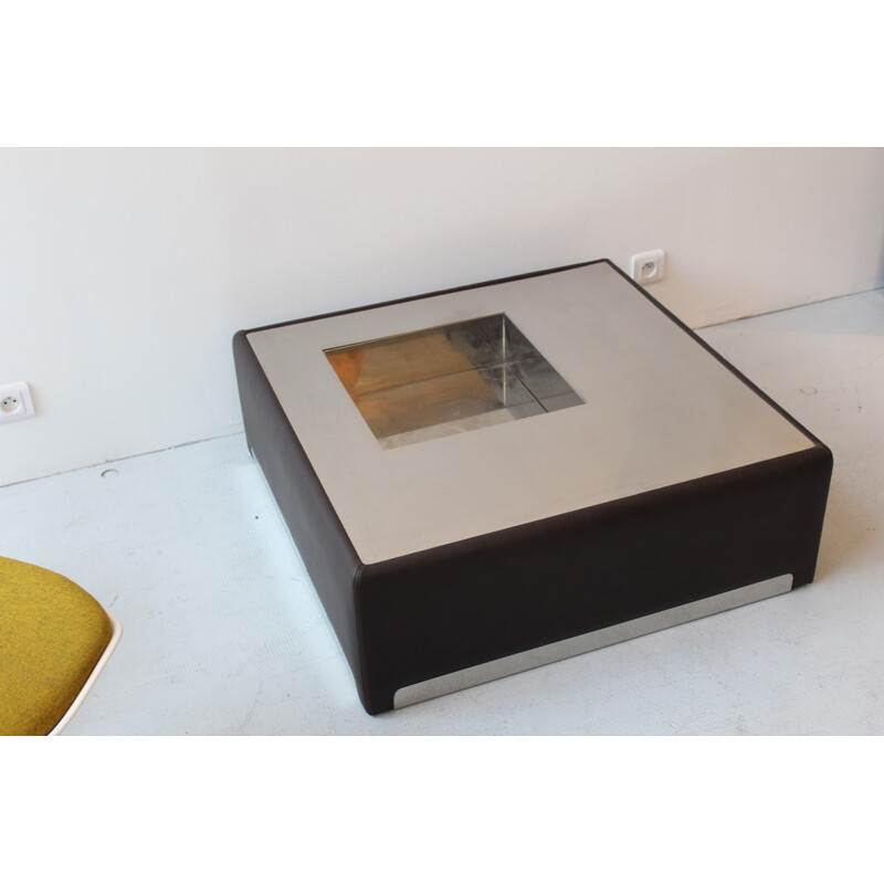 Vintage Coffee Table in inox and leather - 1970s