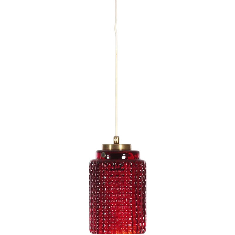 Vintage Scandinavian red glass hanging lamp - 1960s