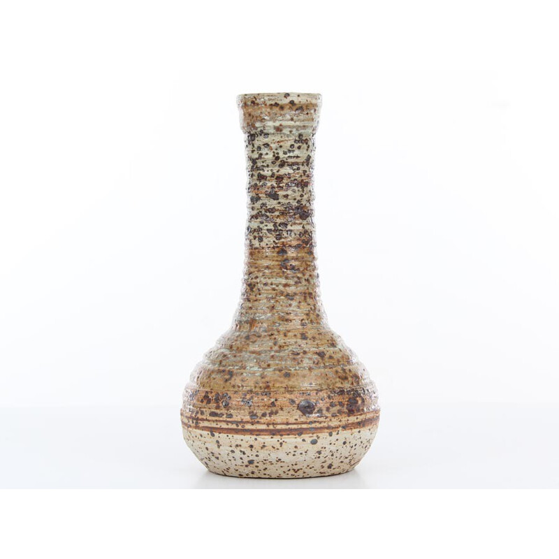Brown Scandinavian ceramic vase with yellow collar by Tue Poulsen - 1960s