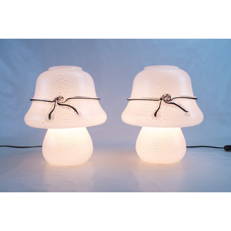 Pair of Murano Glass Table Lamps with Silver Leaf Inclusions - 1960s