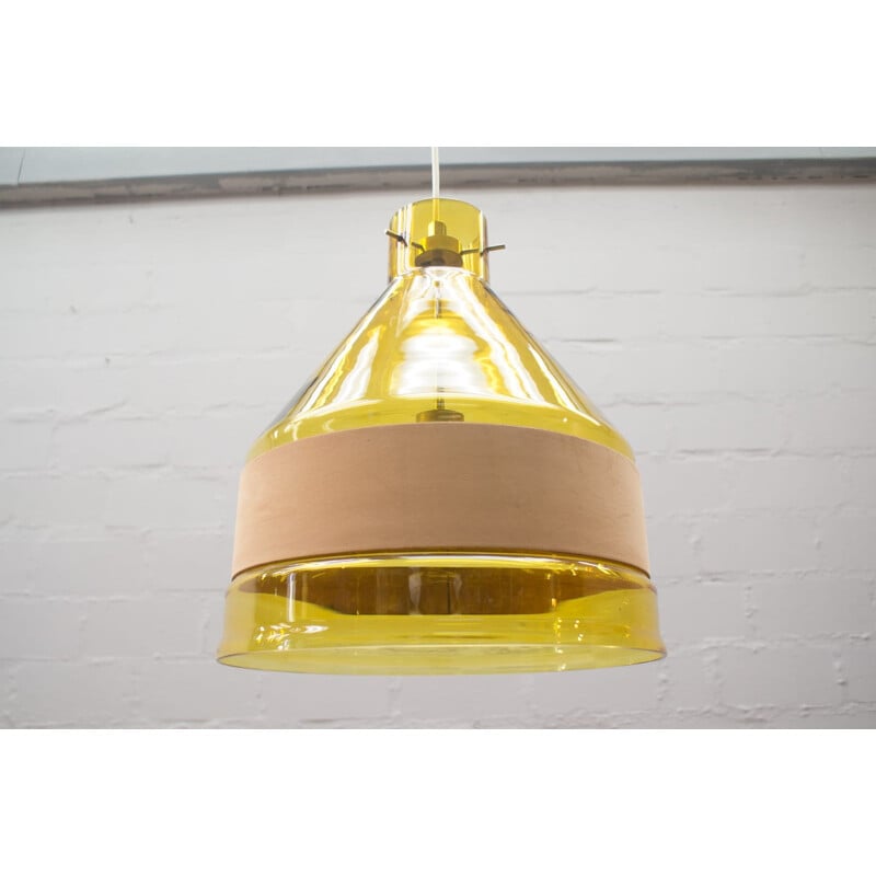 Vintage Yellow Glass Pendant Lamp with Leather Belts, Kalmar - 1950s