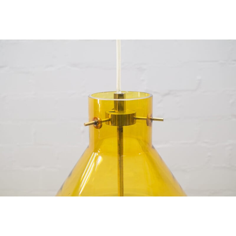 Vintage Yellow Glass Pendant Lamp with Leather Belts, Kalmar - 1950s