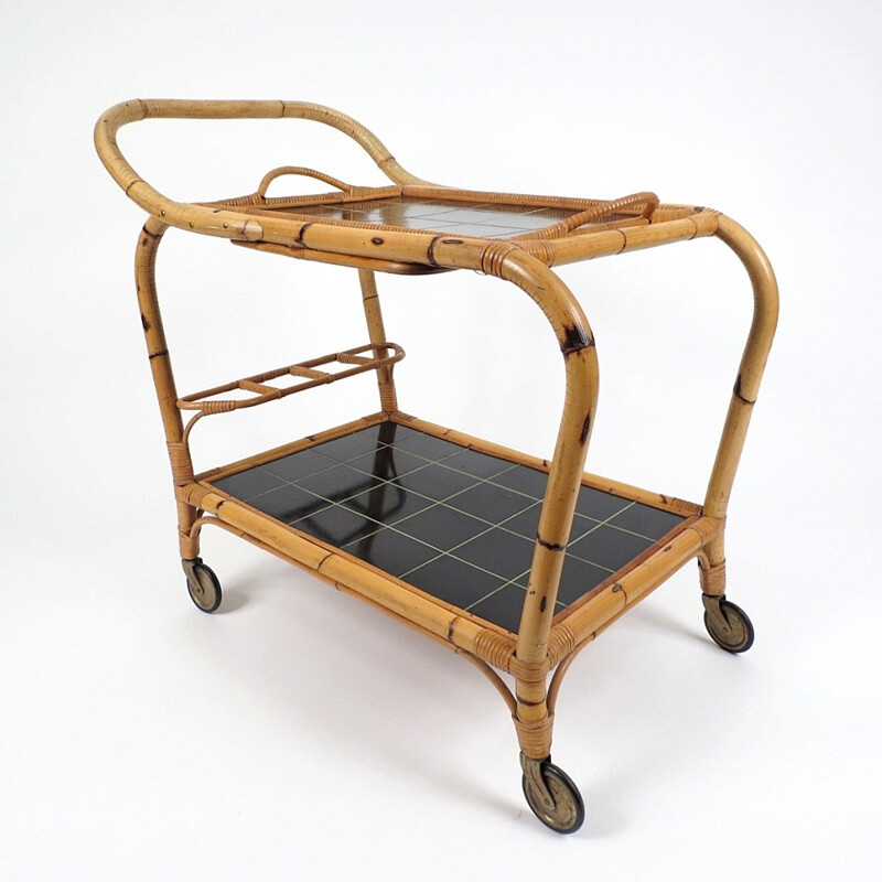 Rattan trolley with removable tray - 1960s
