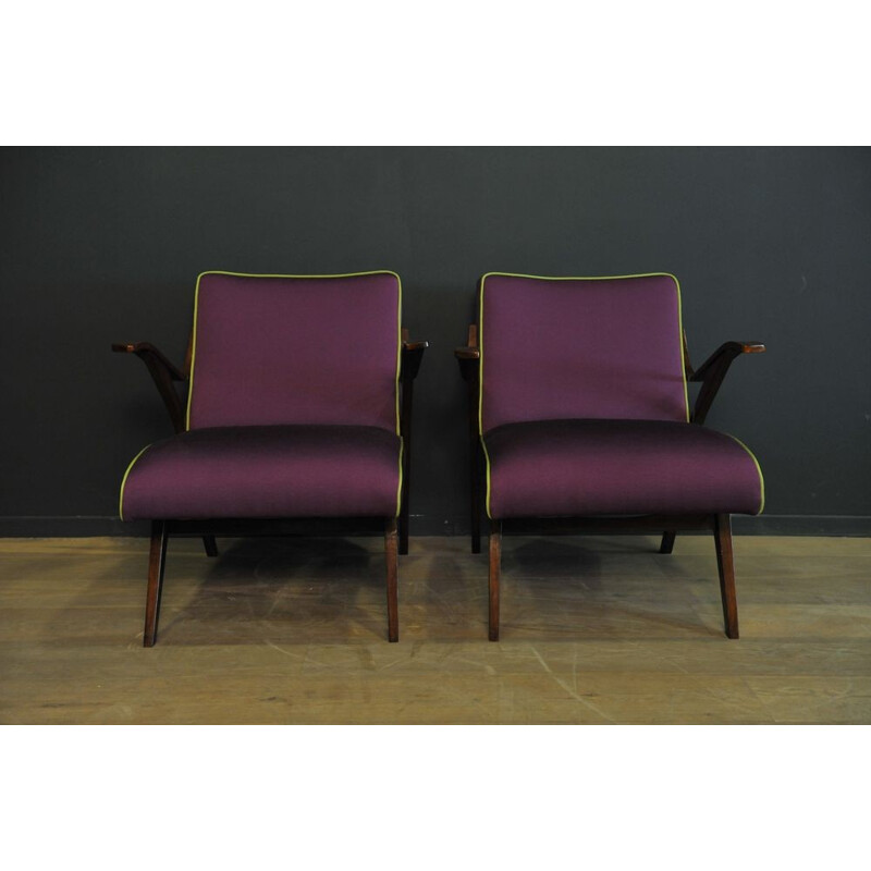 Pair of purple Scandinavian style armchairs - 1950s