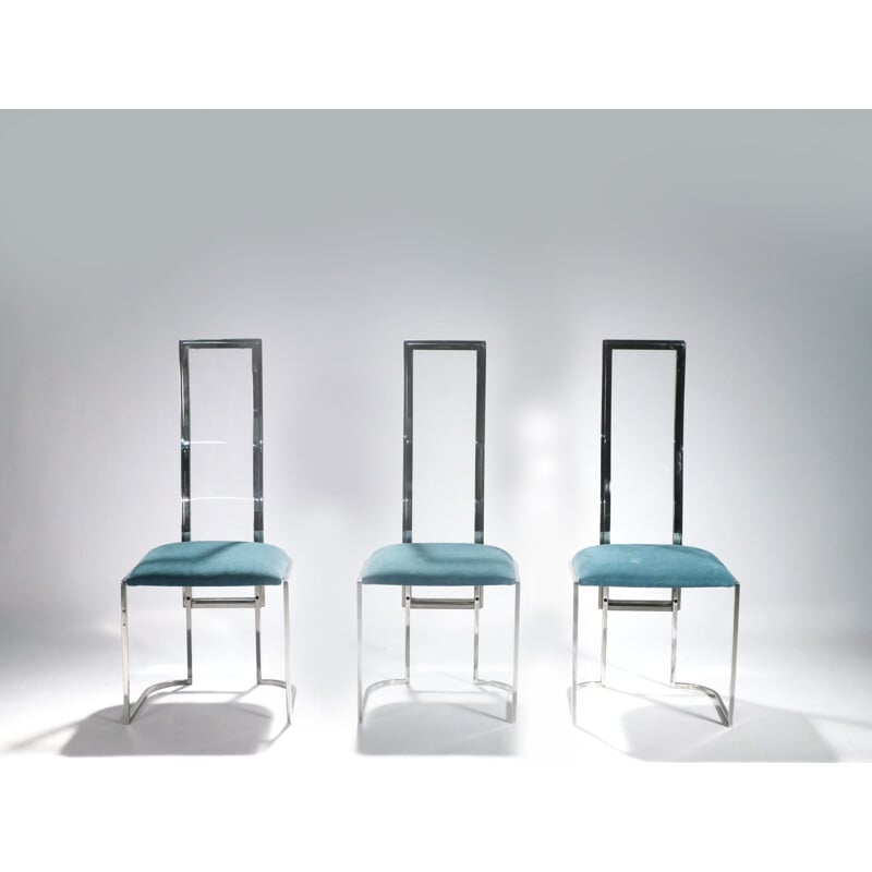 Set of 6 vintage upholstered Italian metal and plexiglass chairs - 1970s