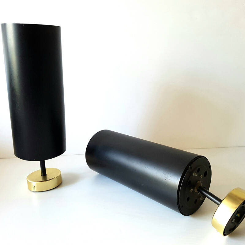 Vintage pair of cylindrical wall lamps in metal and brass - 1950s
