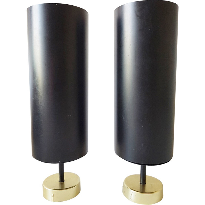 Vintage pair of cylindrical wall lamps in metal and brass - 1950s