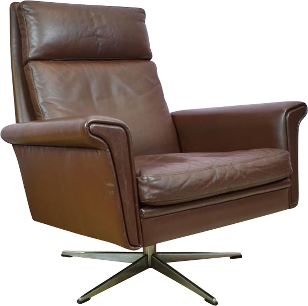 Vintage Danish Brown Leather Swivel Lounge Arm Chair