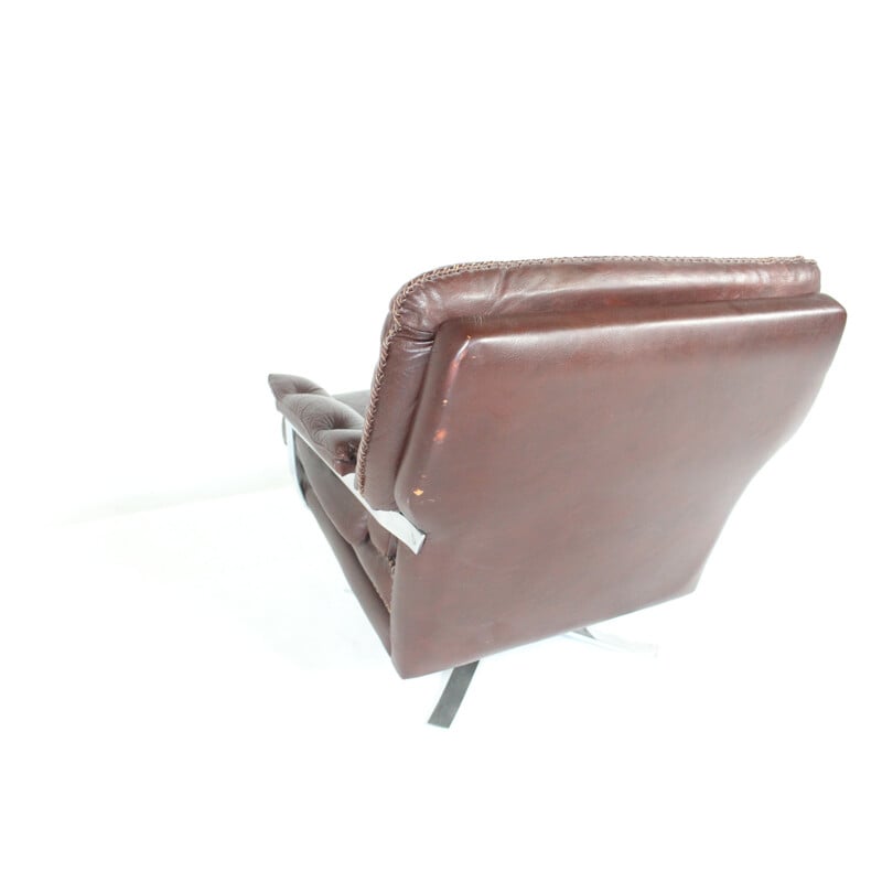 Vintage Red-Brown Leather & Chrome Lounge Chair by Arne Norell for Vatne - 1960s