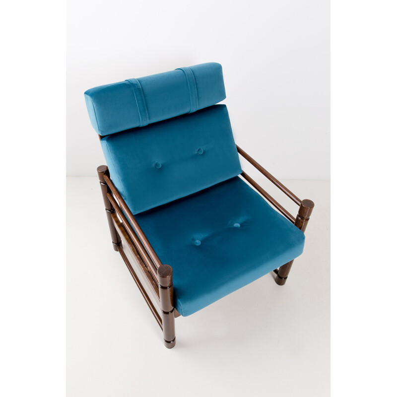 Pair of petrol blue armchairs in beechwood - 1960s