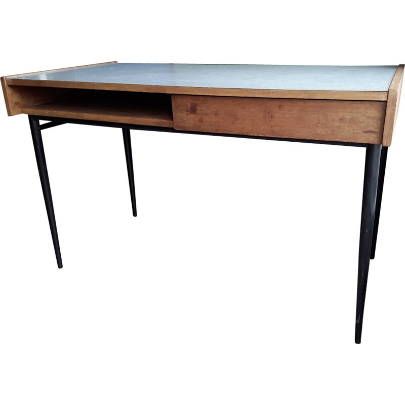Vintage desk in mahogany and black metal by Pierre Guariche - 1950s