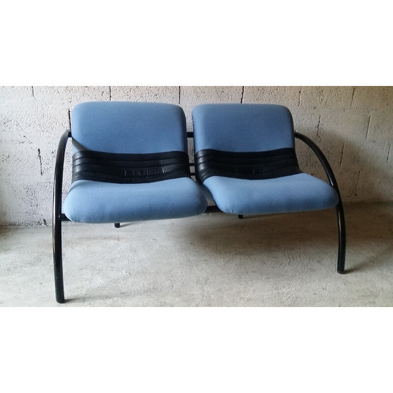 Vintage 2 seater sofa in blue fabric and black leatherette - 1980s