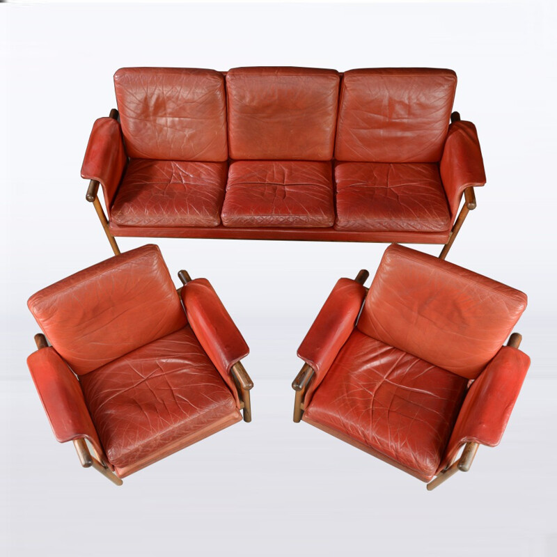 Vintage red living room set in leather and rosewood - 1960s