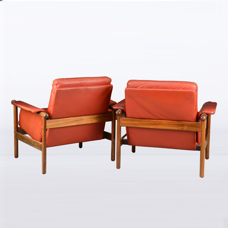 Vintage red living room set in leather and rosewood - 1960s