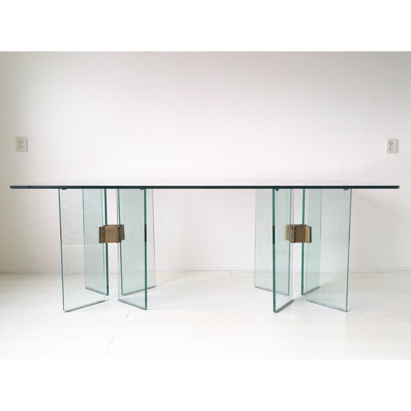 Vintage dining table in glass and brass by Peter Ghyczy - 1970s
