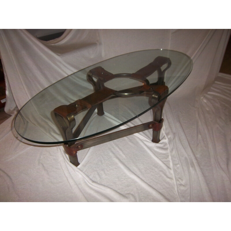 vintage coffee table wrought iron leather & glass 