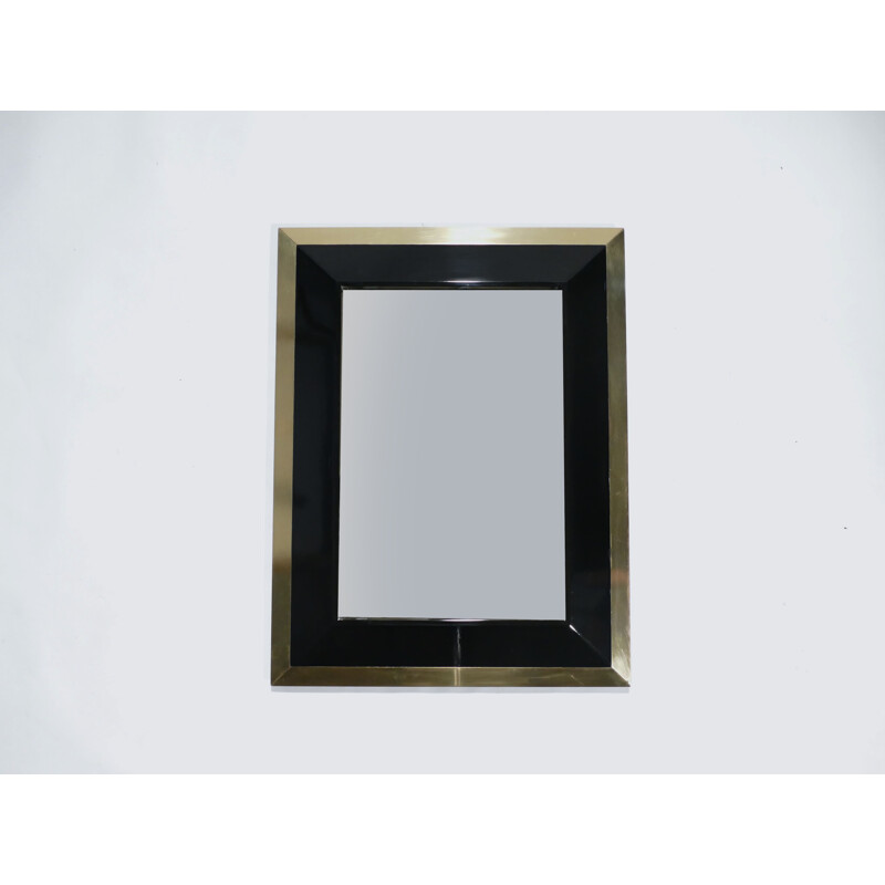 Black lacquered vintage mirror in brass by J.C. Mahey