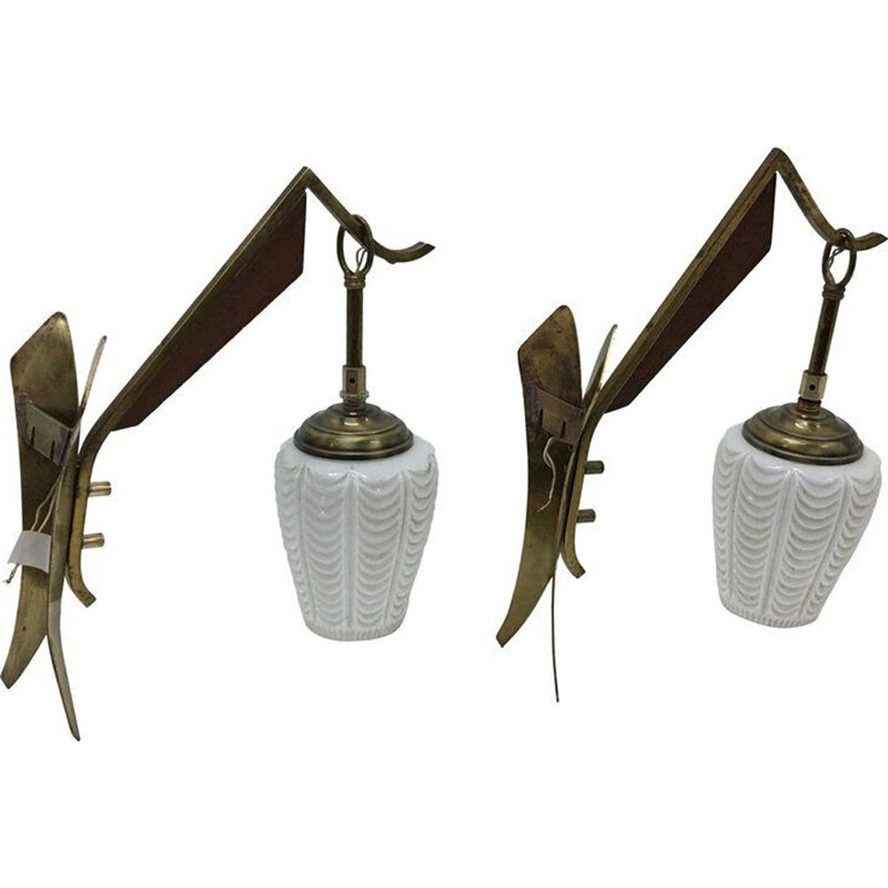 Vintage set of 2 modern wall sconces in teak brass and white glass