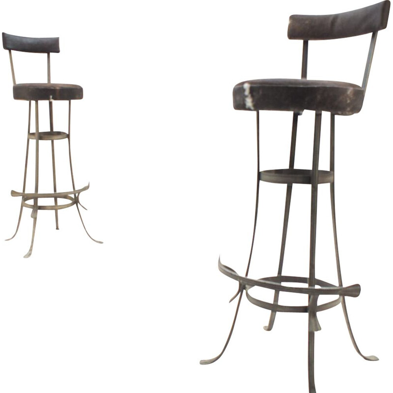 Set of 2 vintage Bar Stools in Iron and Cowhide