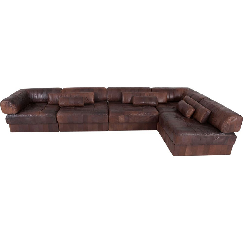 Vintage modular brown cognac leather patchwork sofa    by De Sede