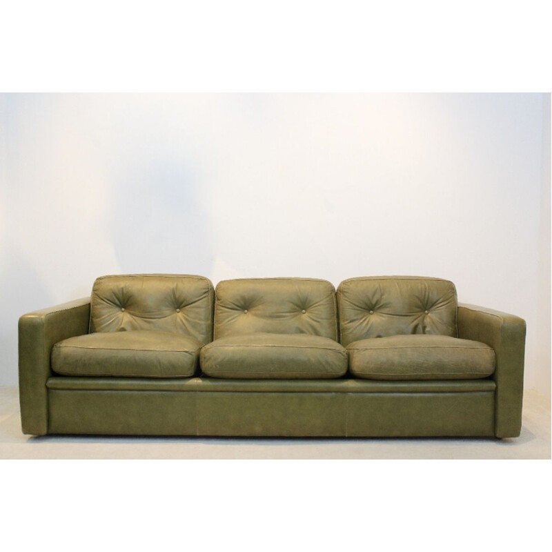 Three-Seat Sofa by Poltrona Frau in Olive green leather, Italy 1970s