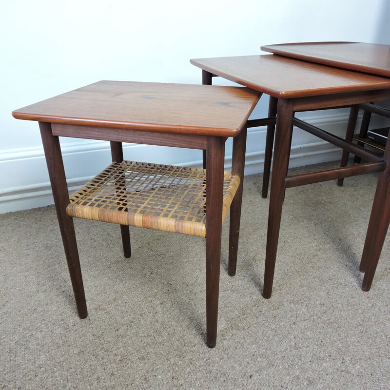Set of Vintage Danish Teak and Cane Nesting Tables, 1950s
