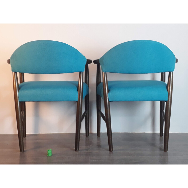Pair of vintage chairs for Slagelse Mobelvaerk in blue fabric and beechwood 1950