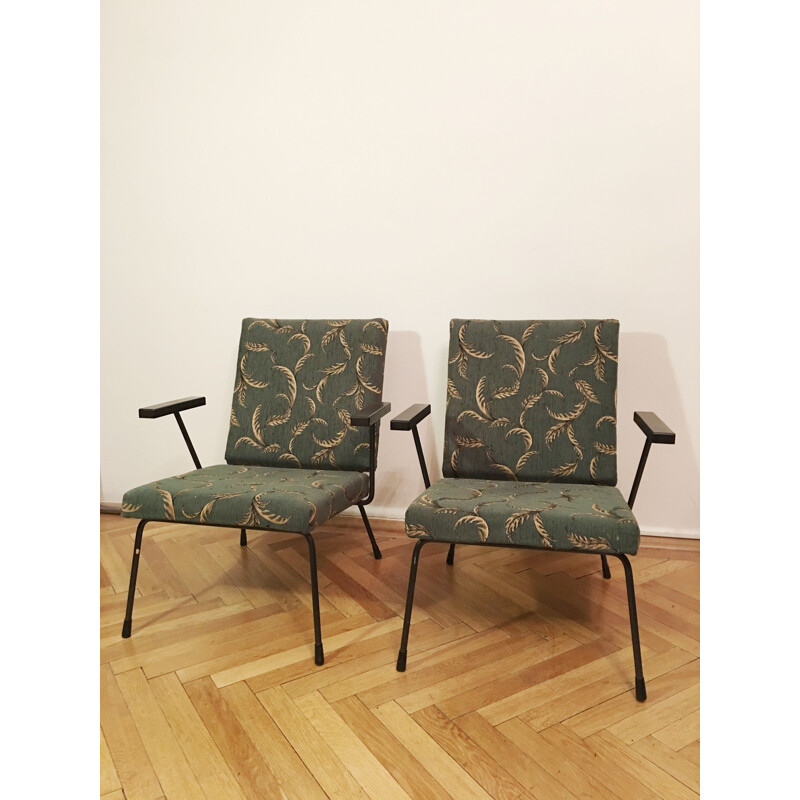 Pair of vintage 415 1401 armchairs for Gispan in steel and green fabric 1950