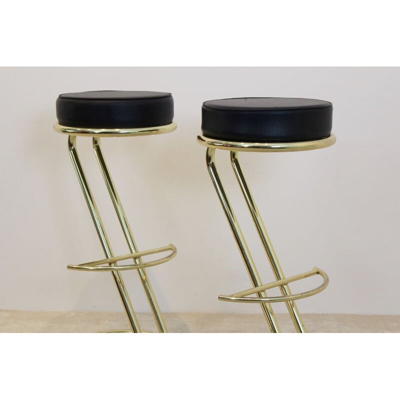 Pair of Vintage Brass Bar Stools with Black Leather seat, 80s
