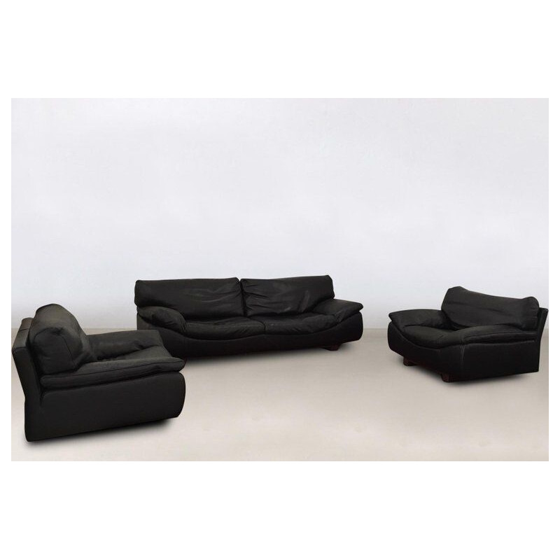 Vintage Sofa and 2 lounge chairs, living room set Roche Bobois, Black Leather