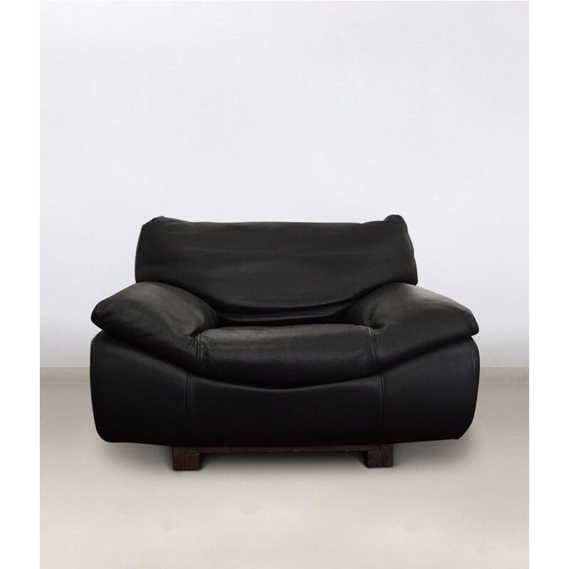 Vintage Sofa and 2 lounge chairs, living room set Roche Bobois, Black Leather
