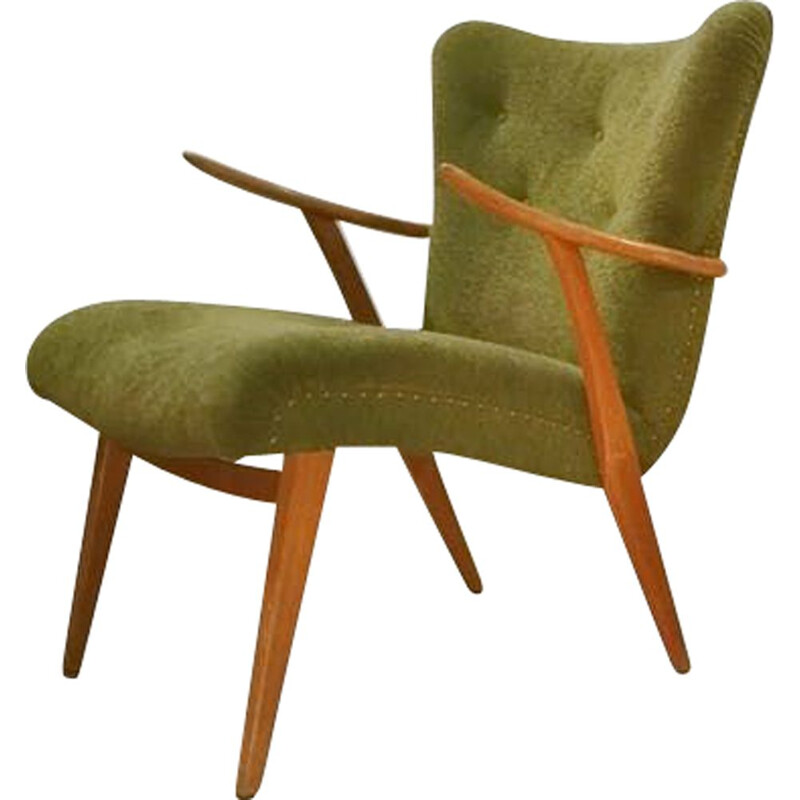 Zig Zag armchair in teak and green velvet