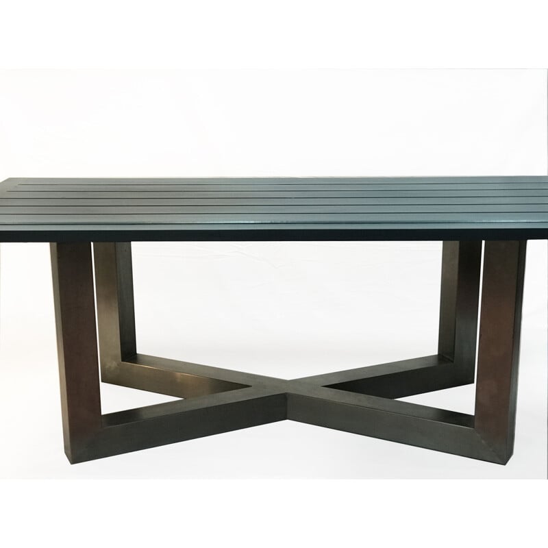 Vintage table in blue stainless steel and wood 1940