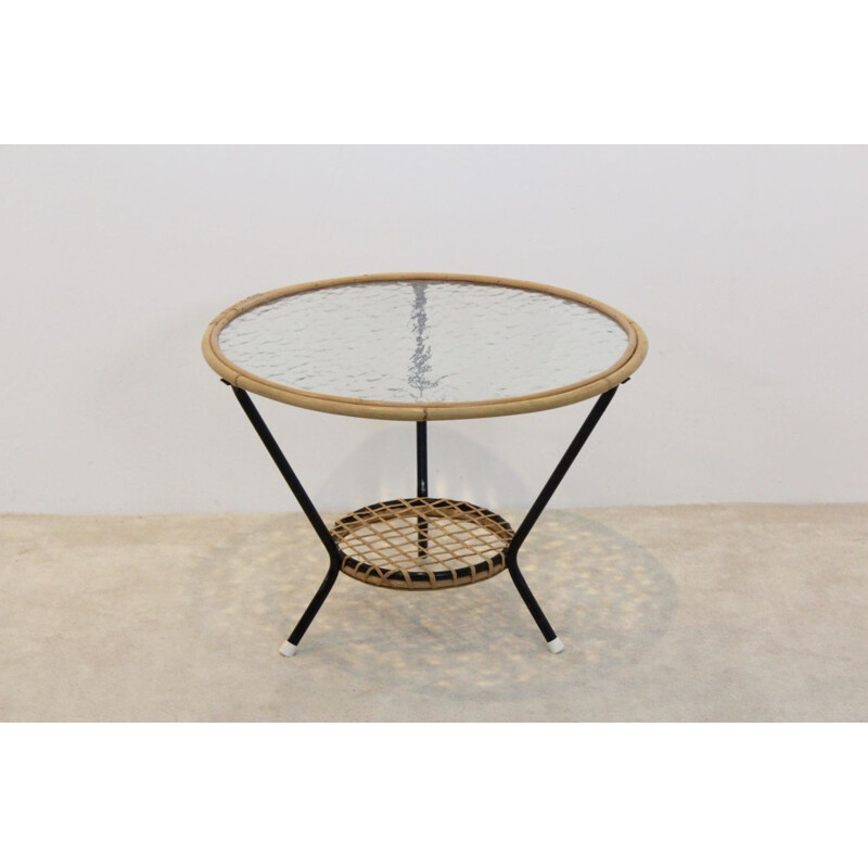 Vintage side table for Rohé Noordwolde in glass and wicker