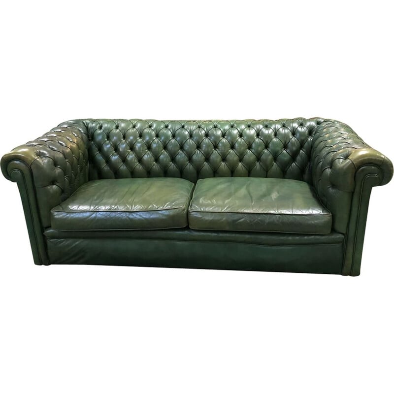 2 seater Sofa vintage chesterfield green leather 1970s