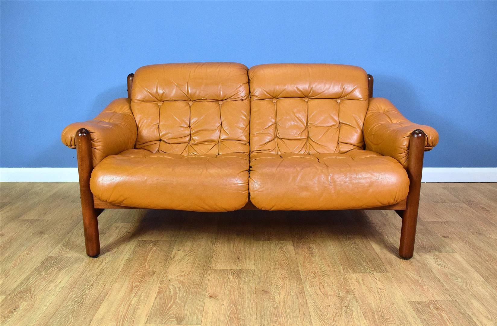 Vintage 2seater sofa caramel leather Swedish 1970s