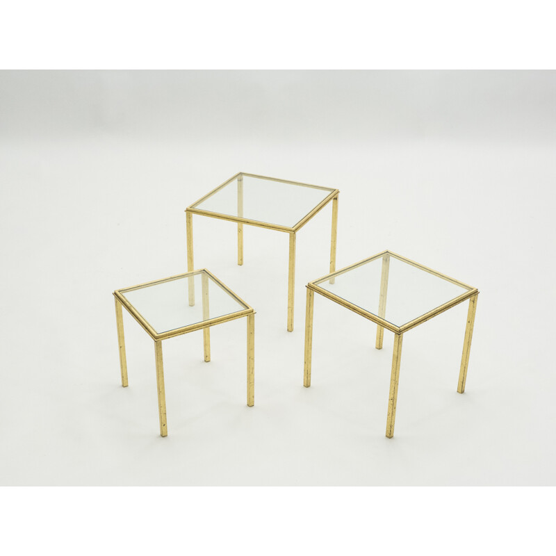 Vintage nesting tables in wrought iron gilded with gold leaf by Robert Thibier 1960s