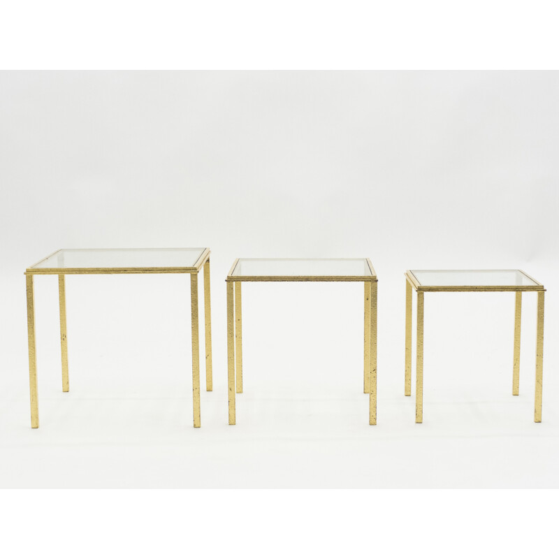 Vintage nesting tables in wrought iron gilded with gold leaf by Robert Thibier 1960s