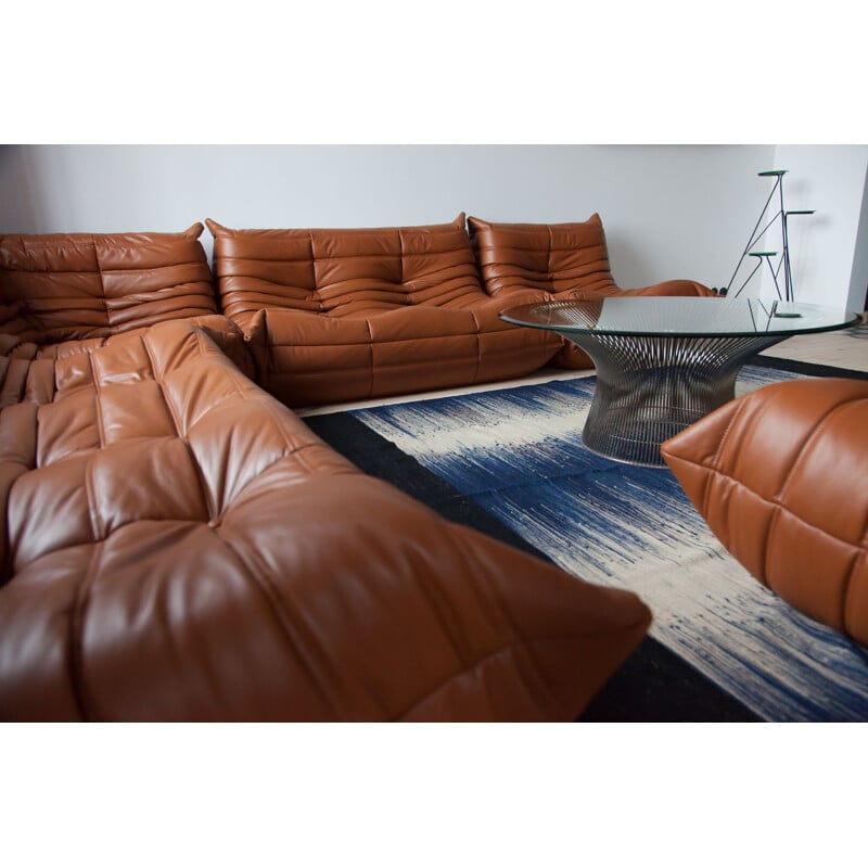Vintage living room set Brown Leather Togo by Michel Ducaroy for Ligne Roset, 1970s
