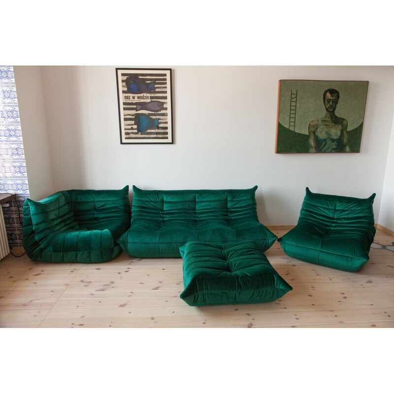 Vintage living room set Green Velvet Togo by Michel Ducaroy for Ligne Roset, 1970s