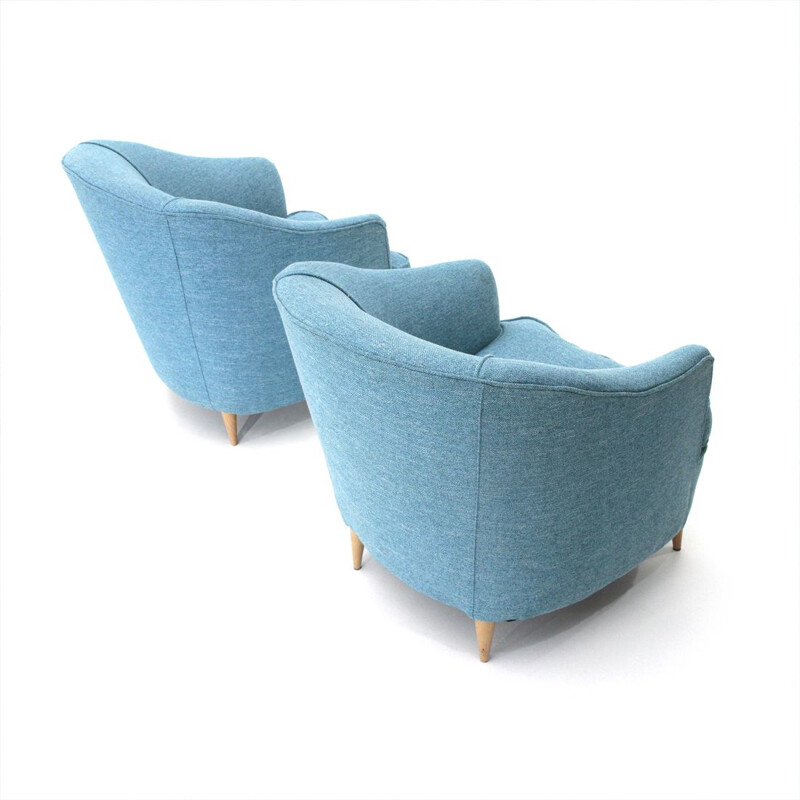 Pair of vintage armchairs in blue fabric, Italy 1950