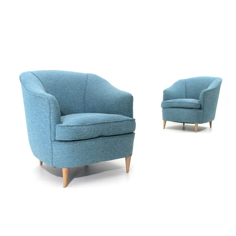 Pair of vintage armchairs in blue fabric, Italy 1950