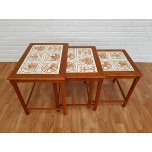 Nesting table hand-painted ceramic tiles and in teak 1960